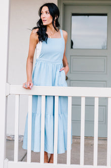 cider light blue dress Cider Baby Blue Backless Tie Midi Dress