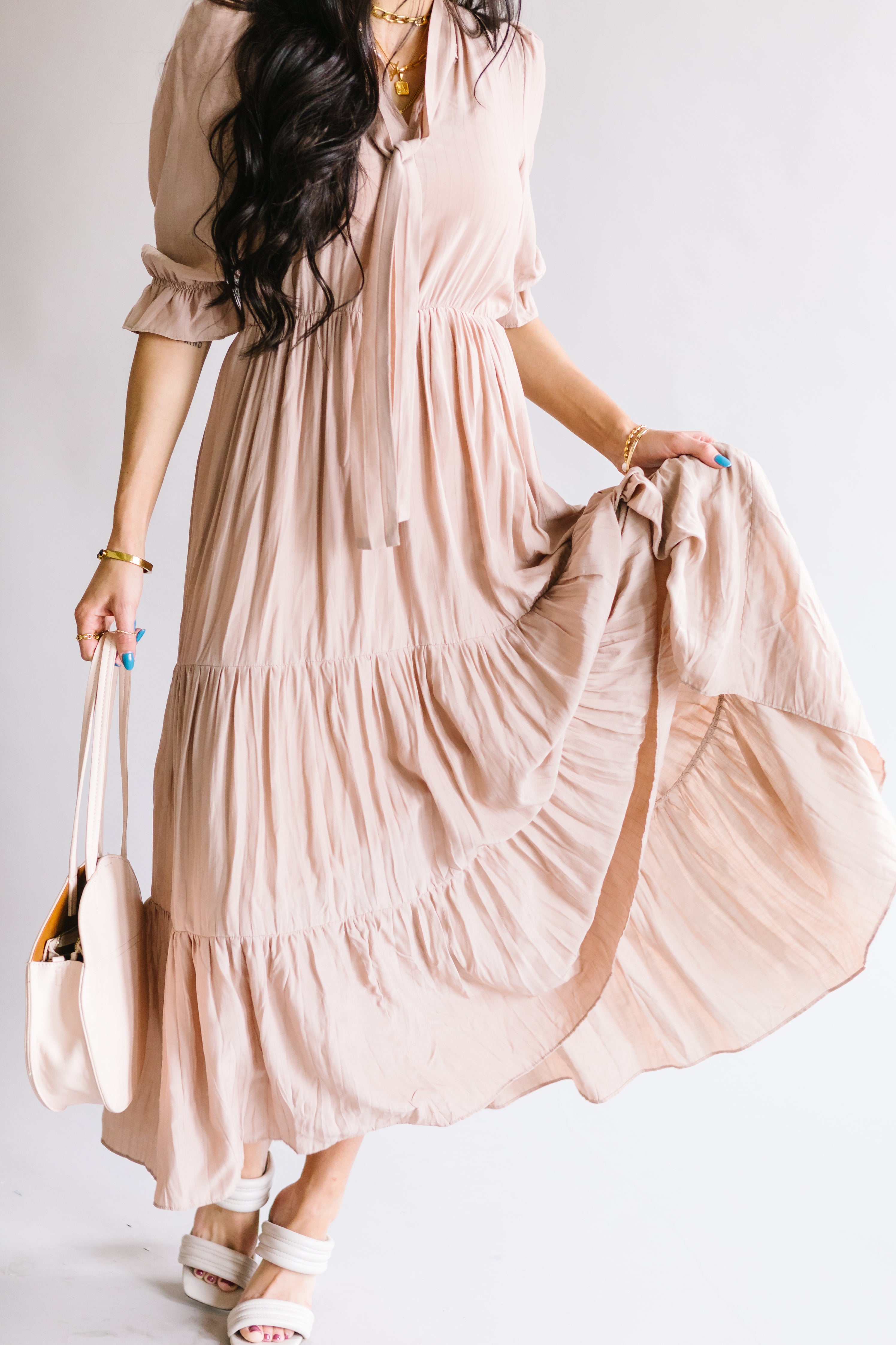 3 4 sleeve maxi dress casual Daytime Drama Floral Pattern 3/4 Sleeve V Neck Button Smocked Casual A Line Maxi Dress