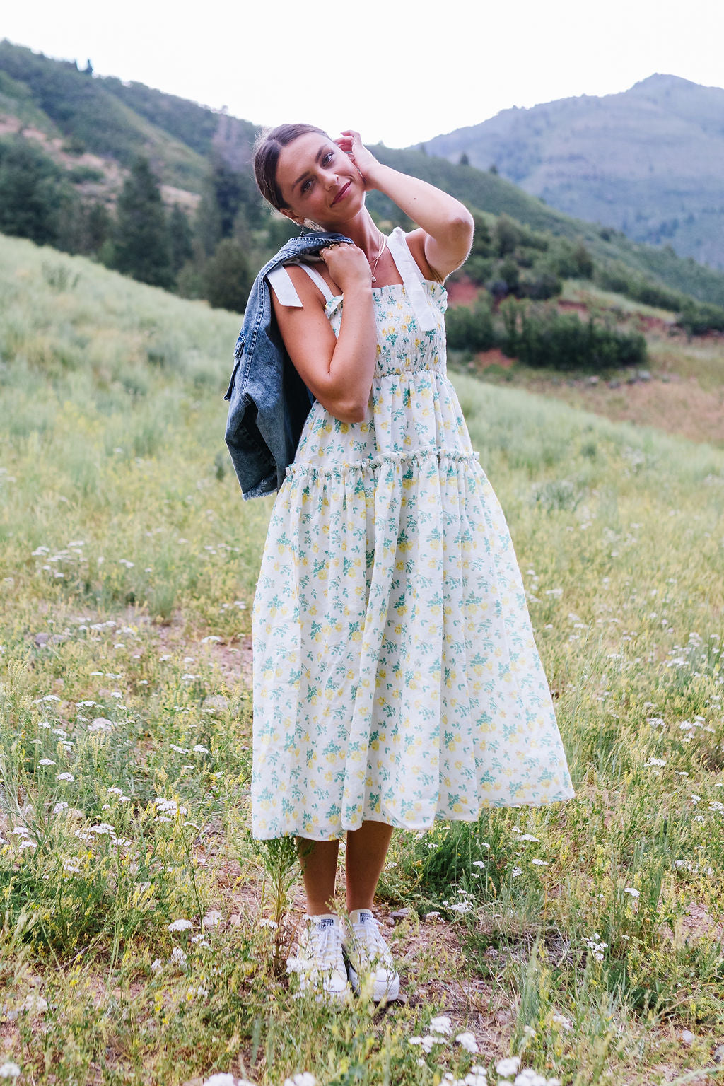 graphic ribbon floral print midi dress ME+EM Graphic Ribbon Floral Print Midi Dress in Blue