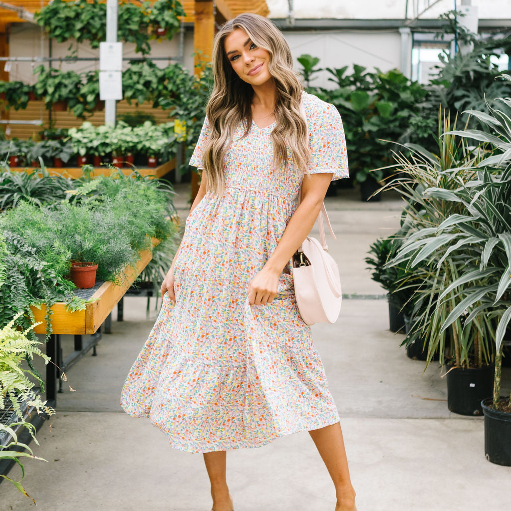 Fields of Gold Floral Smocked Midi Dress // Coral 3XL 18-21 Fields of Gold Floral Smocked Midi Dress // Coral 3XL 18-21