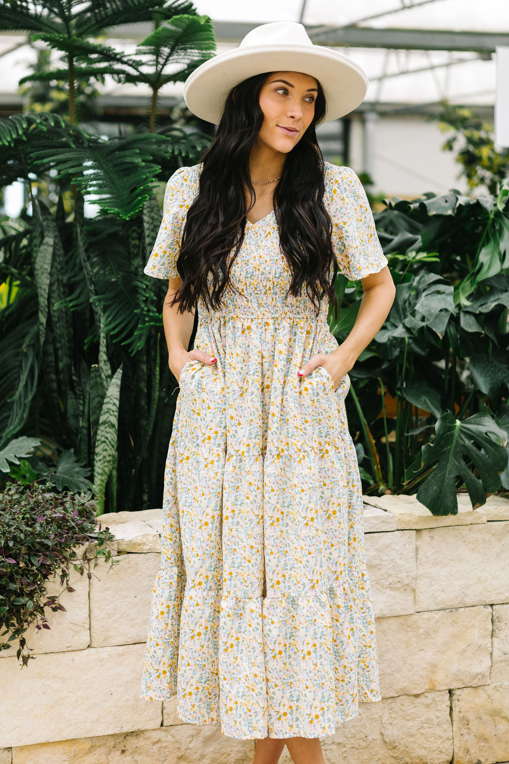 Fields of Gold Floral Smocked Midi Dress // Taupe 3XL 18-21 Fields of Gold Floral Smocked Midi Dress // Taupe 3XL 18-21