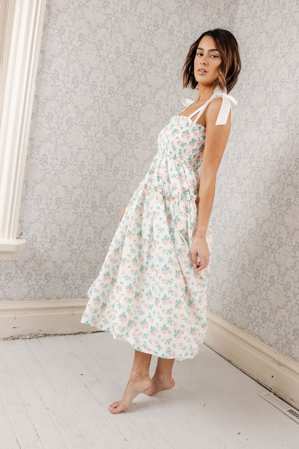 Rosie Ribbon Tie Midi Dress in Floral Yellow / Medium Rosie Ribbon Tie Midi Dress in Floral Yellow / Medium